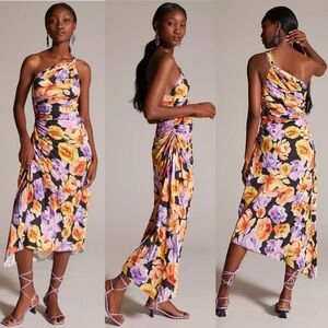 Anthropologie NWT Geisha Floral Satin Pleated One Shoulder Beaded Midi Dress XL